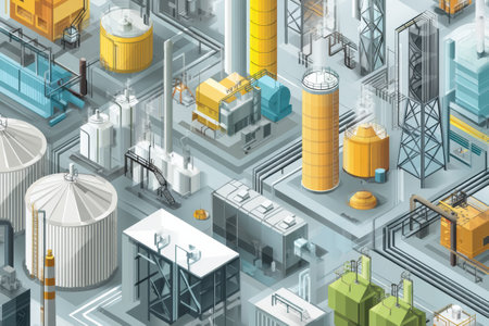 Isometric view of a modern refinery layout with various processing structures, storage tanks, and complex piping systems.の素材
