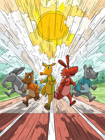Anthropomorphic animals sprinting energetically on a race track, showcasing determination and speed as they approach the finish line on a sunny day.の素材