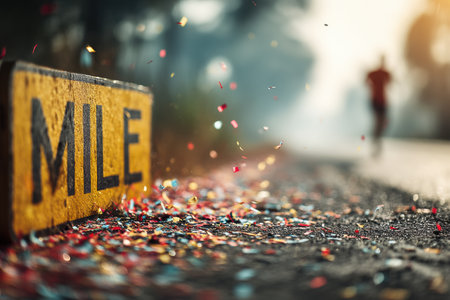A determined runner approaches a mile marker, with vibrant confetti scattering on the ground amidst the warm sunlight, creating a festive atmosphere.の素材