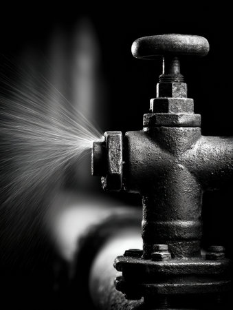 Dramatic monochrome portrayal of a valve under pressure, showcasing steam escaping and emphasizing the power and complexity of industrial machinery.の素材