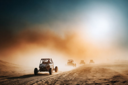 Competitors race powerful sand buggies across an expansive desert, kicking up dust while sun flares create a striking backdrop during the bright day.の素材