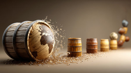 A wooden barrel morphs into a globe, symbolizing the worlds reliance on oil and natural resources, amidst a backdrop suggesting environmental concerns.の素材