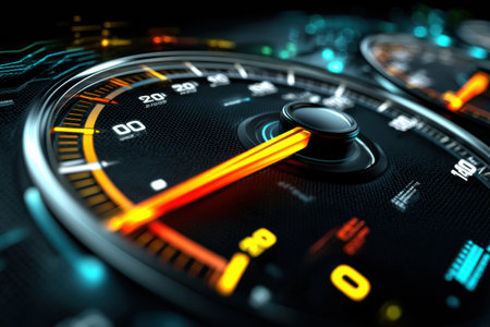 Dashboard displays an oil meter with a rising needle, signaling the necessity for oil monitoring in a vehicle during its operation and performance assessment.の素材