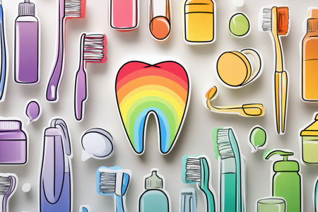 Bright rainbow tooth icon stands out among an array of colorful dental hygiene tools and products, highlighting the importance of oral health and care.の素材