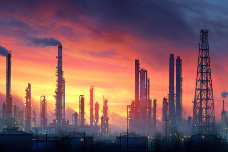 A refinery is silhouetted against a breathtaking dawn sky, with vibrant colors blending beautifully, highlighting industrial elements and steam rising.の素材