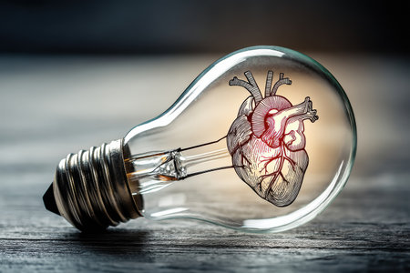 A light bulb features an artistic heart, symbolizing the blend of creativity and healthcare, inspiring medical innovation today.の素材