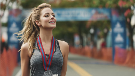 Runner joyfully holds a medal while basking in the exhilaration of completing a race at the finish line on a sunny day in a lively outdoor environment.の素材