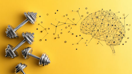 A brain icon lifts dumbbells against a bright yellow background, symbolizing the importance of mental strength and training for overall wellness.の素材
