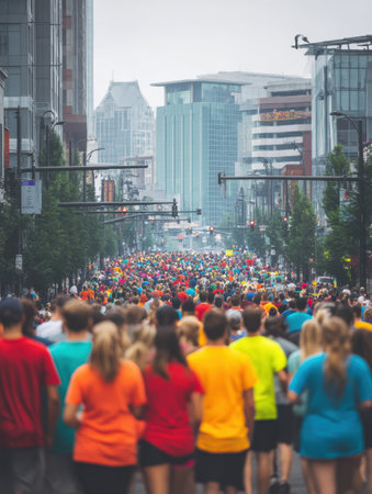 A diverse group of runners in bright shirts participates in a race in an urban setting, with tall buildings lining the streets and an overcast sky above.の素材