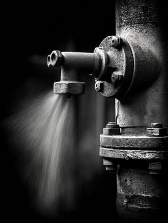Valves release steam under pressure, showcasing the power of machinery in an industrial environment. The monochrome effect enhances the dramatic impact.の素材