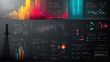 This infographic presents detailed statistics and visualizations related to global oil production, consumption, and trends using a modern, dark-themed layout.の素材
