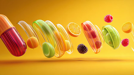 Colorful fruits spin energetically around a vitamin capsule, showing an engaging composition that highlights health and wellness.の素材