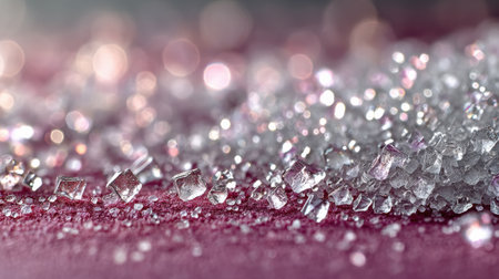 Macro View of Sparkling Sugar Crystals on Soft Pink Surface Highlighting Texture and Details in Natural Lightの素材