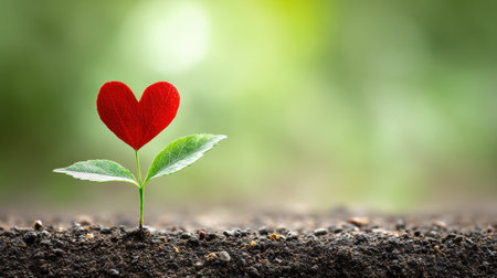A vibrant heart-shaped leaf sprouts from dark soil, basking in warm sunlight, representing the connection between love, health, and natural growth.の素材