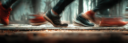 Feet striking pavement in a park during sunset, captured in slow shutter style, illustrating energy and movement in an engaging exercise moment.の素材