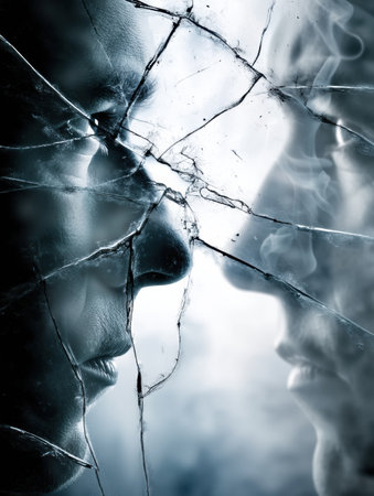 A cracked mirror reflects two faces, one emanating smoke, symbolizing identity destruction and the fragmented nature of self in a contemplative moment.の素材