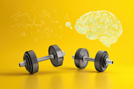 Symbolizing mental strength, a brain lifts dumbbells against a bright yellow background, representing the importance of mental training and fitness.の素材
