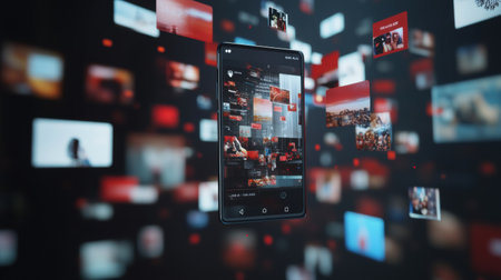 A smartphone shows various multimedia content, showcasing the blend of technology and digital communication today.の素材