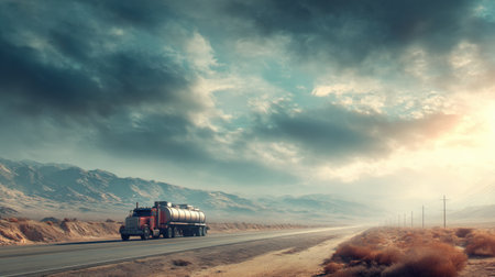 A fuel tank truck drives steadily along a vast desert road, surrounded by mountains and clouds, capturing a moment of solitude and adventure.の素材
