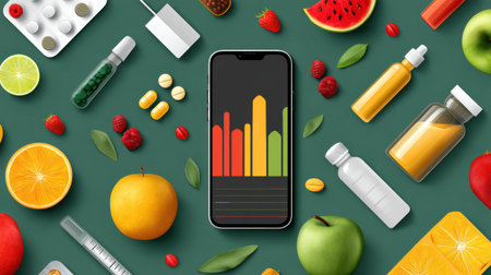 Health application design showcased with vibrant fruits and medicine icons, illustrating its functionality in promoting wellness and healthy living.の素材