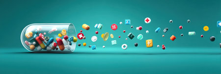 A capsule breaks apart, scattering vibrant wellness icons like pills, vitamins, and health symbols across a teal background, conveying a playful medicine theme.の素材