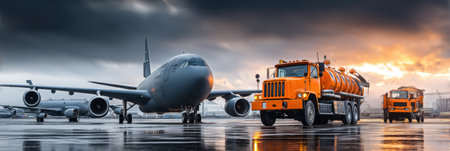 Refueling Aircraft on the Runway With Oil Truck During Twilight at an Airportの素材