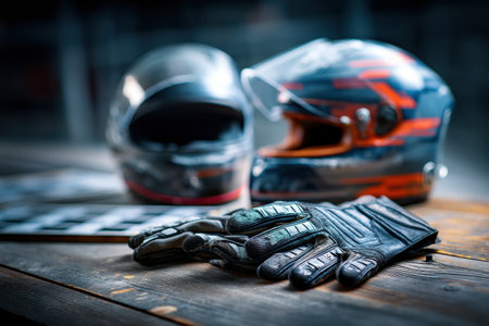 Racing gloves and a helmet rest on a workbench in a garage, signaling the excitement and preparation ahead of an exhilarating motorsport event.の素材