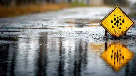 Bright yellow caution sign warns of oil spills on a slick road, with rain pooling around it, reflecting the signs warning symbol.の素材