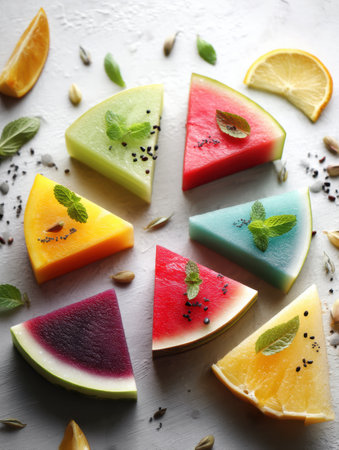 Delicious slices of various fruits are artistically arranged, showing cheerful colors and wellness sparks that emphasize a fun and energetic atmosphere.の素材