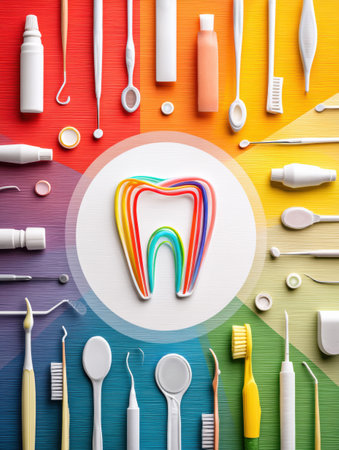 Bright rainbow-colored tooth sits at the center, surrounded by an array of dental hygiene tools like toothbrushes, floss, and mouthwash in a colorful layout.の素材
