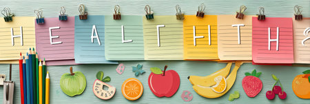 A collection of health tips is pinned on a pastel-colored board, adorned with playful fruit stickers, highlighting the significance of wellness and good eating.の素材