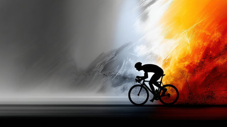 A cyclist in an aerodynamic stance showcases speed and agility against a vibrant backdrop, highlighting racing intensity and motion.の素材