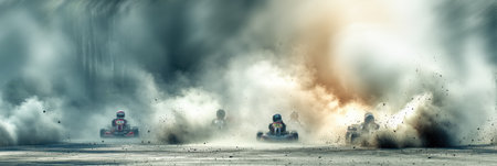 Exciting Karting Race Filled With Dust Clouds and Thrilling Motion Effects on a Vibrant Track During a Sunny Afternoonの素材