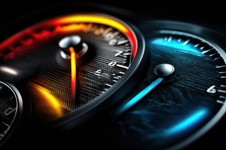 Dashboard display shows oil meter rising as vehicle operates, reflecting engine performance. Clear indicators ensure proper monitoring during driving.の素材