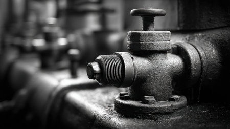 A monochrome image of a pressured valve showcases its strength and the raw intensity of industrial power in a factory.の素材