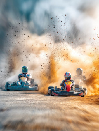 Competitive karting action featuring drivers maneuvering through dust clouds, showcasing speed and skill at a lively outdoor track during a sunny day.の素材
