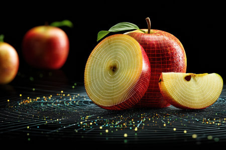 Digital Grid Overlay Enhances an Apple Slice, Highlighting Smart Nutrition and Vitamin Points for Health-Conscious Consumersの素材