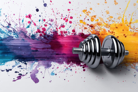 Weight Lifting Accessory Floats Over Colorful Paint Splash Backdrop for Vibrant Fitness Aestheticの素材