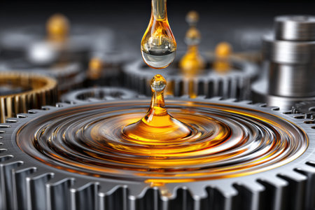 An oil droplet descends gracefully, merging with industrial gears, symbolizing the interplay between energy and machinery in a vital process.の素材