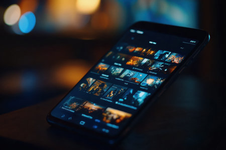 Streaming Multimedia Content From a Smartphone in a Cozy Indoor Setting at Nightの素材
