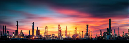 Cinematic View of Refinery at Dawn Showcasing Vibrant Colors and Industrial Architecture in a Serene Morning Atmosphereの素材