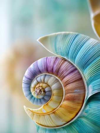 Beautiful Macro Capture of a Seashell Spiral Showcasing Soft Pastel Colors and Intricate Patterns Found in Natureの素材