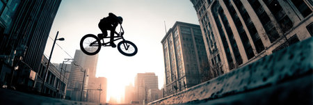 BMX Biker Performing a Mid-Air Flip Against an Urban Backdrop at Sunsetの素材