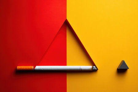 Modern Minimalist Design Featuring a Burning Cigarette and a Warning Triangle in Bold Colors for Impactful Messaging on Smoking Hazardsの素材