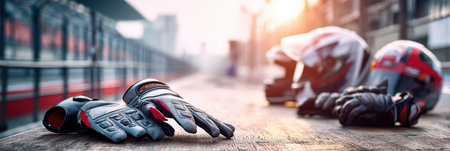 Racing Gloves and Helmet on Table During Pre-Race Preparation at a Motorsport Event in a Vibrant Outdoor Settingの素材