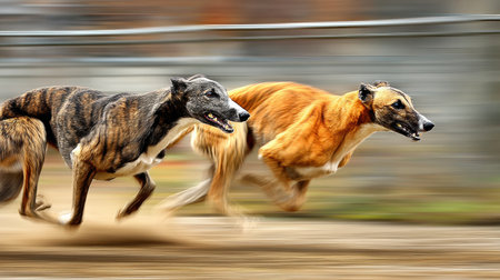 Greyhound Dogs Sprinting at High Speed With Blurred Background Showcasing Intense Racing Actionの素材