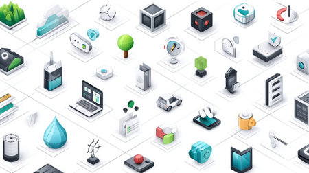 Colorful isometric icons and symbols display various digital concepts within a structured grid, showing creativity in modern graphic design and technology.の素材