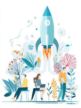 Individuals engage in a dynamic startup activity, using a laptop to initiate a rocket launch amid flourishing plants and a backdrop of creativity.の素材