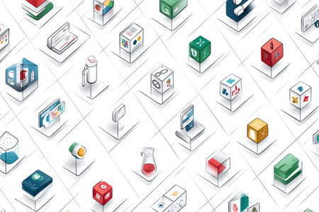 A collection of isometric icons and digital symbols meticulously arranged on a clean grid background, ideal for design applications and presentations.の素材