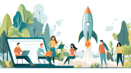 A group of entrepreneurs collaborates outdoors, focusing on a laptop as a rocket takes off, symbolizing innovation and technology in a lush environment.の素材